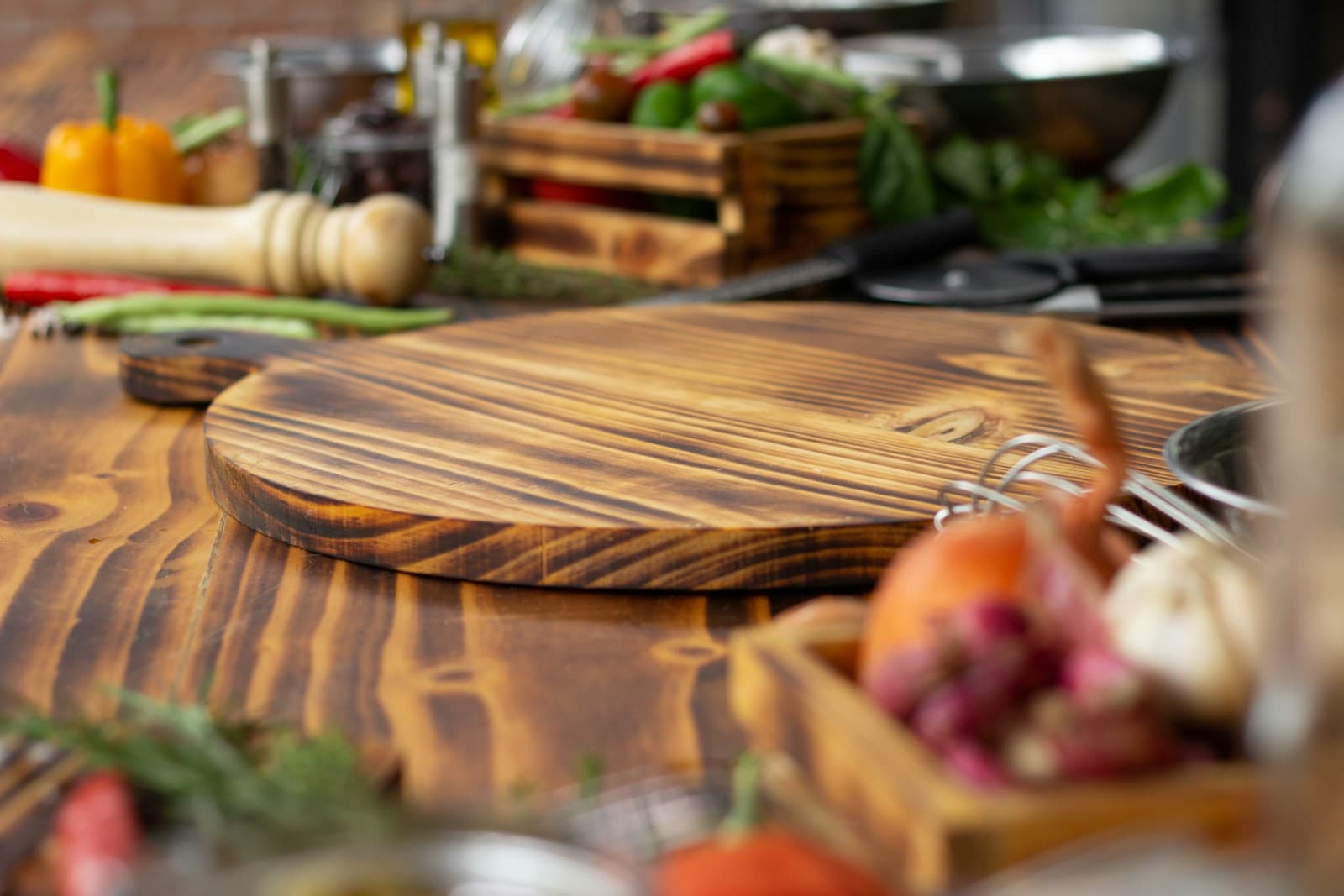 Walnut cutting board on a simple studio surface