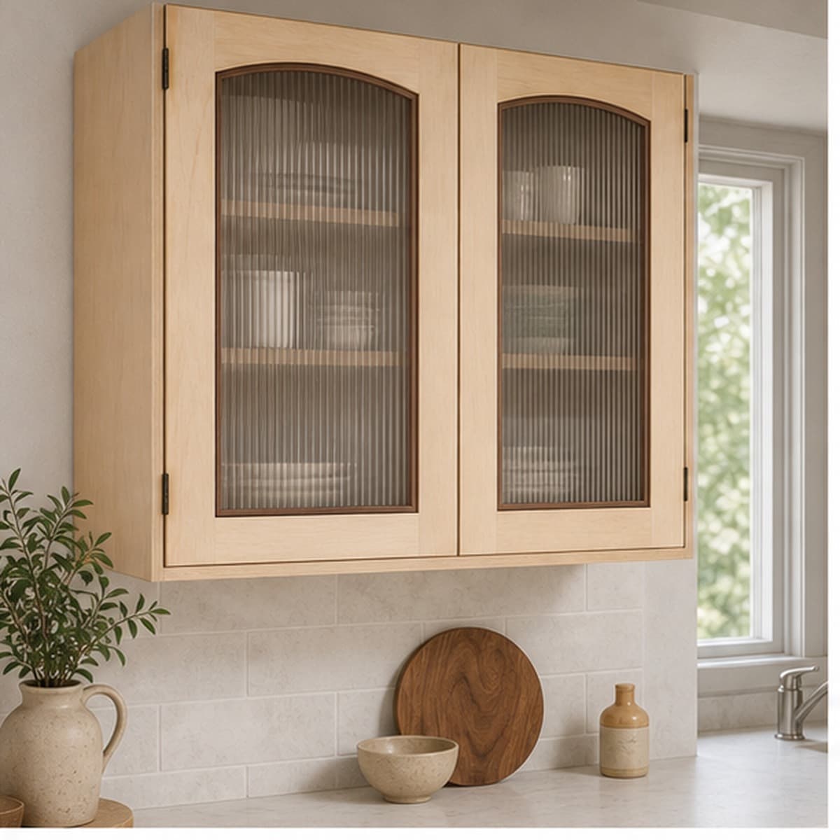 Arched Fluted Upper Cabinet Door Pair shown installed or in use in a realistic room