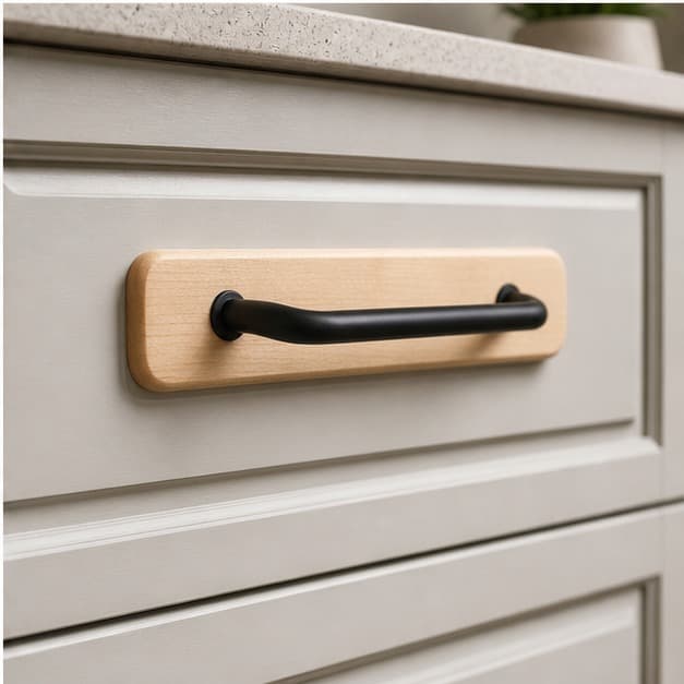 Custom Cabinet Pull Hole-Cover Backplate Set being used in a realistic kitchen setting