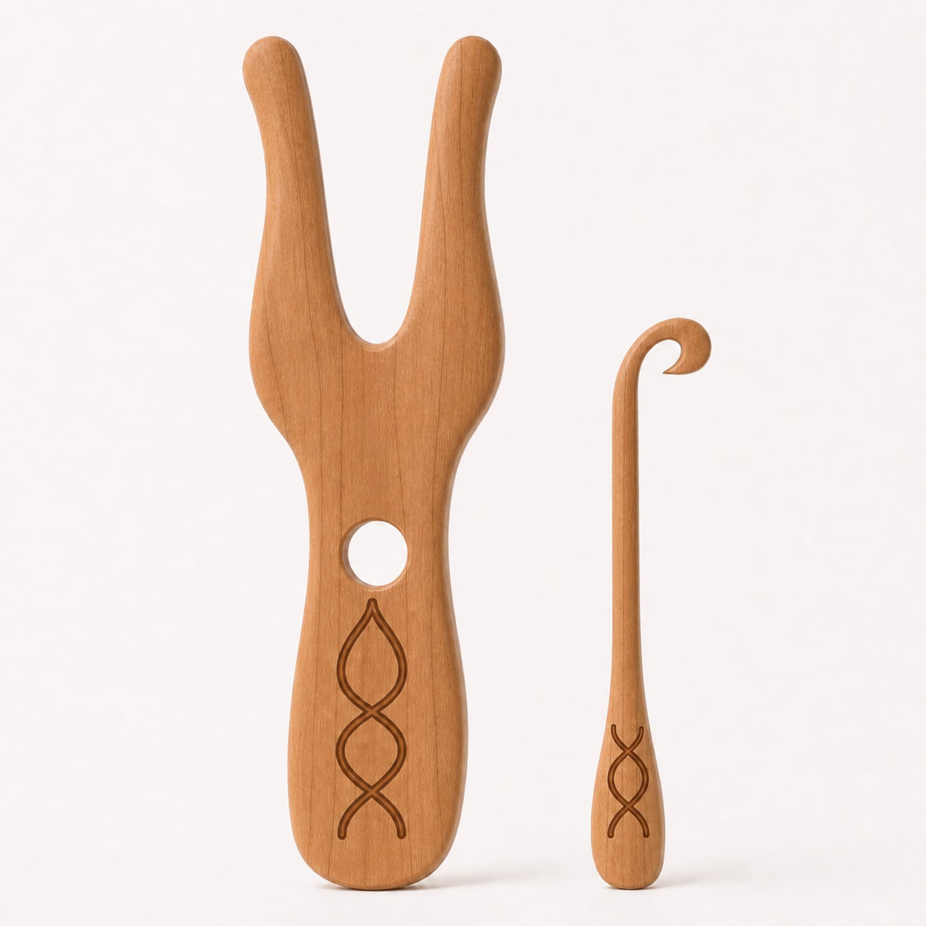 Cherry Cordweave lucet fork with matching open-hook loop lifter