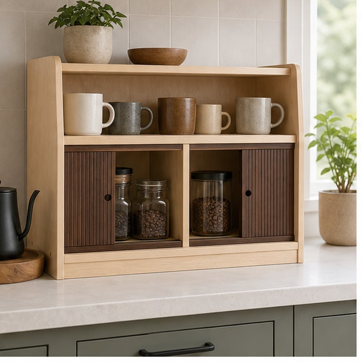 Maple Coffee Bar Hutch Topper shown installed or in use in a realistic room