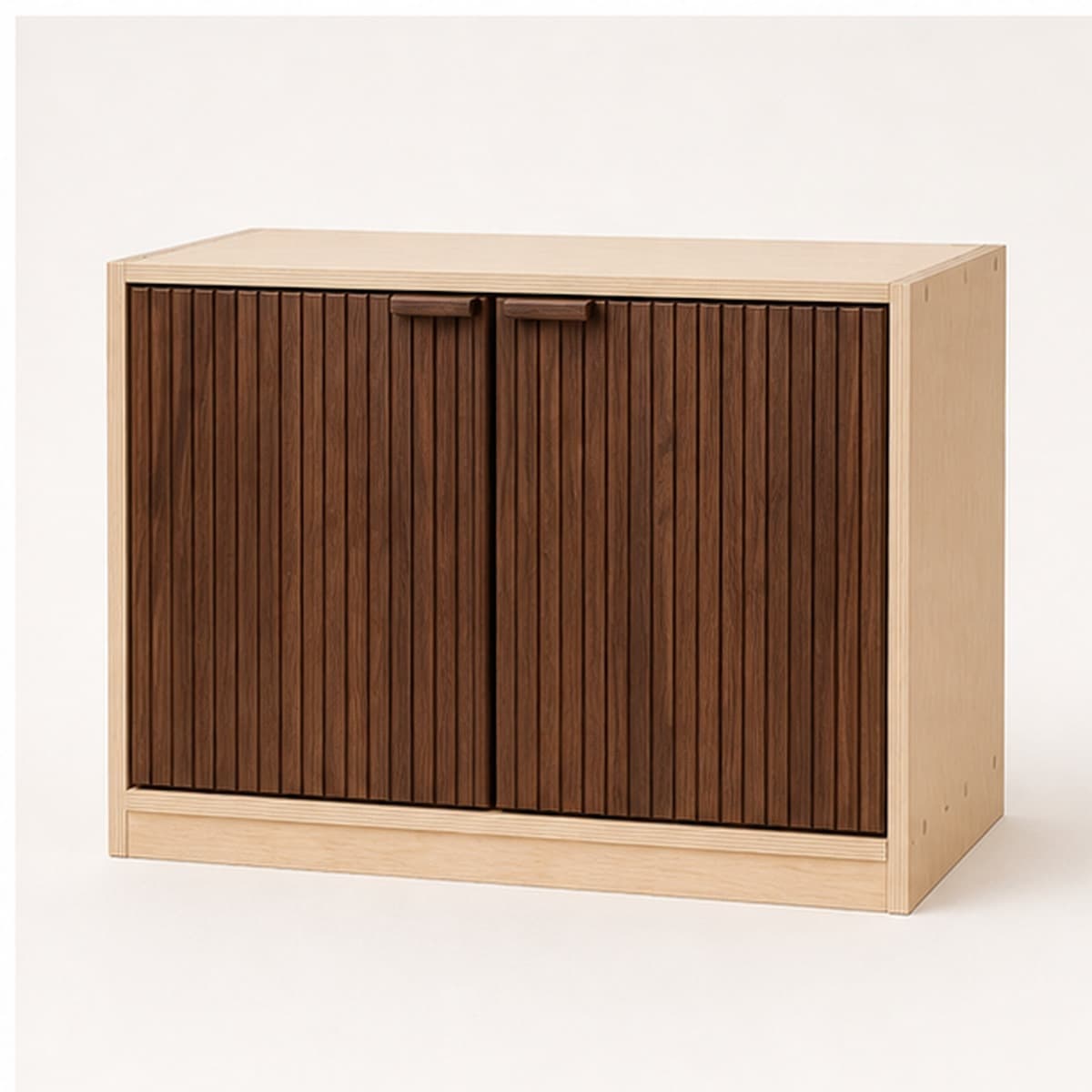Hard maple countertop appliance garage cabinet with black walnut fluted doors
