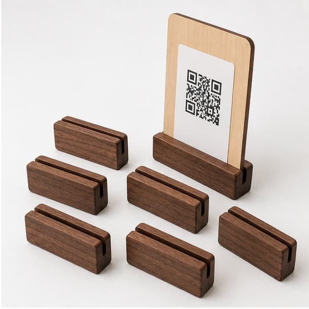 Low side angle showing the thickness and edge profile of Custom Cafe QR and Table Number Stand Set