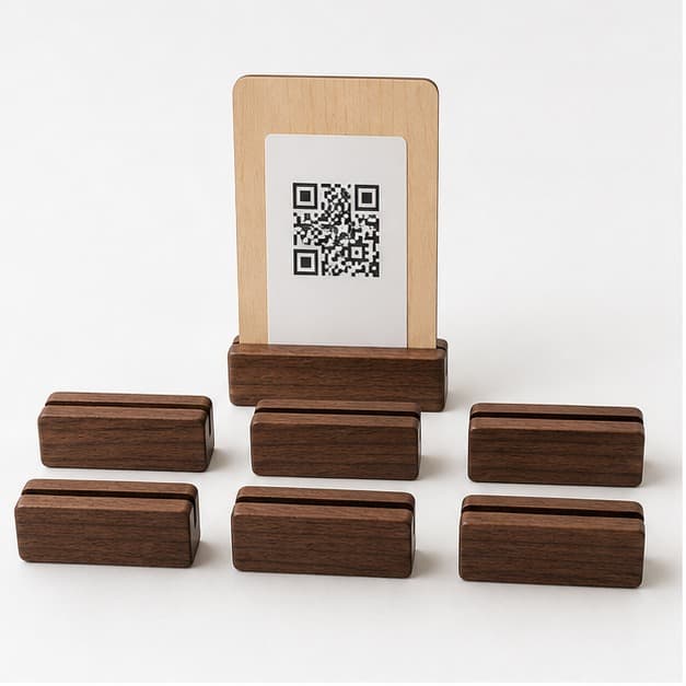 Custom Cafe QR and Table Number Stand Set photographed on a warm white product surface