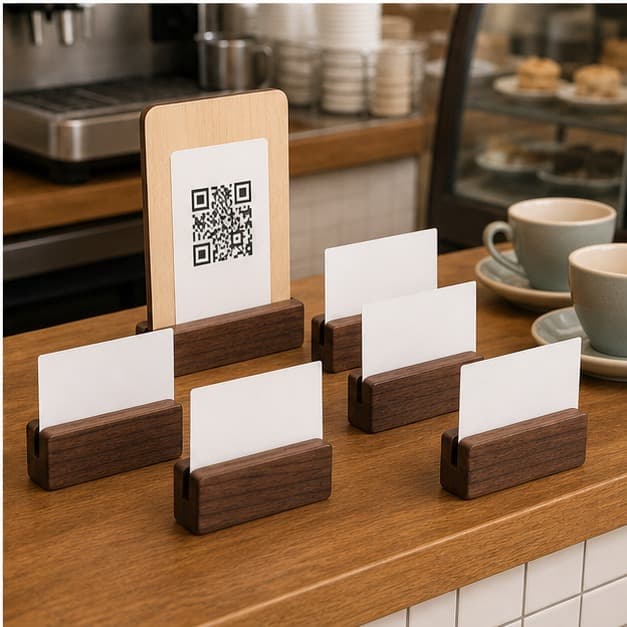 Custom Cafe QR and Table Number Stand Set being used in a realistic kitchen setting