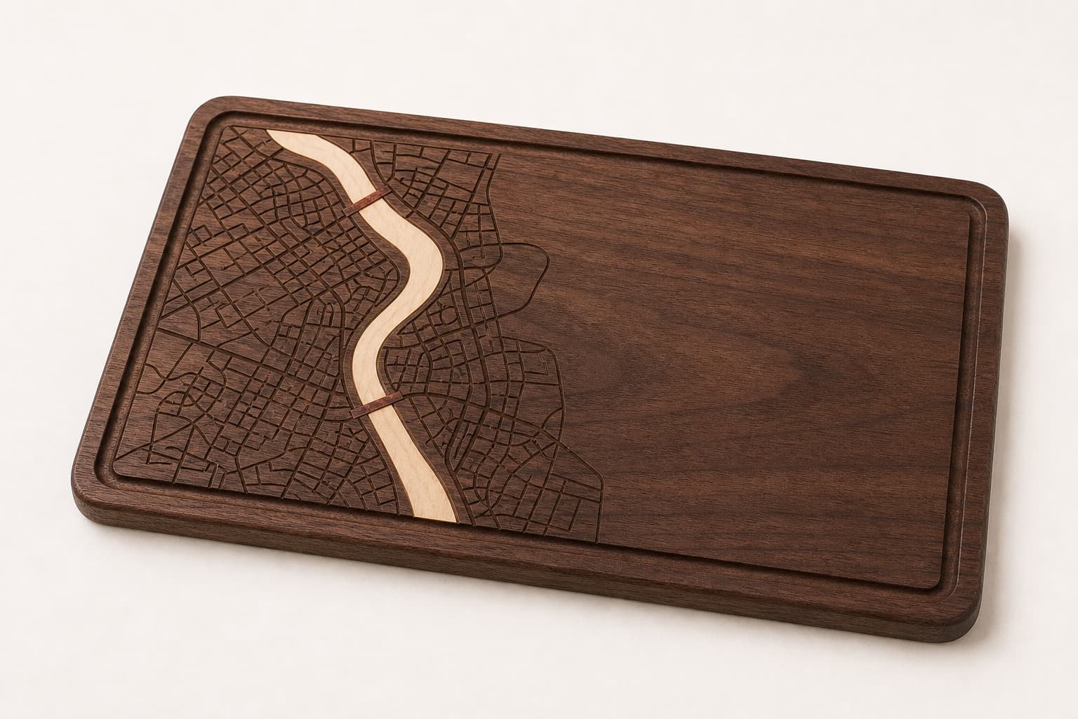 Custom City Map Walnut Serving Board photographed on a warm white product surface