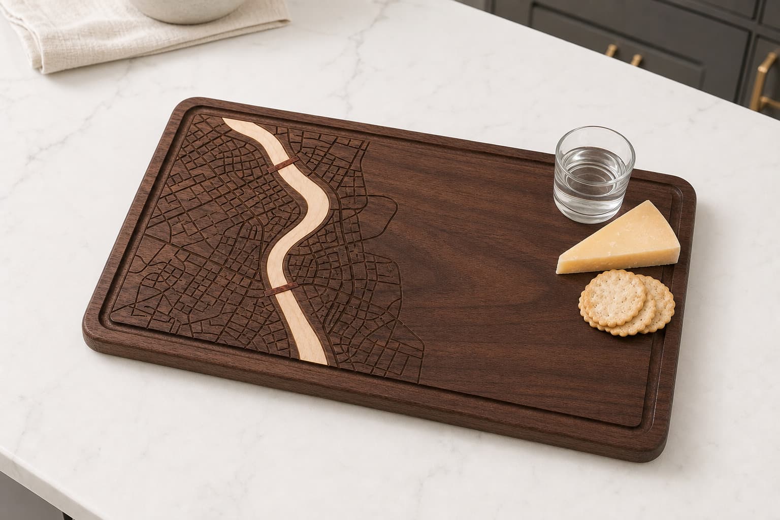 Custom City Map Walnut Serving Board with a small cheese service on a kitchen island
