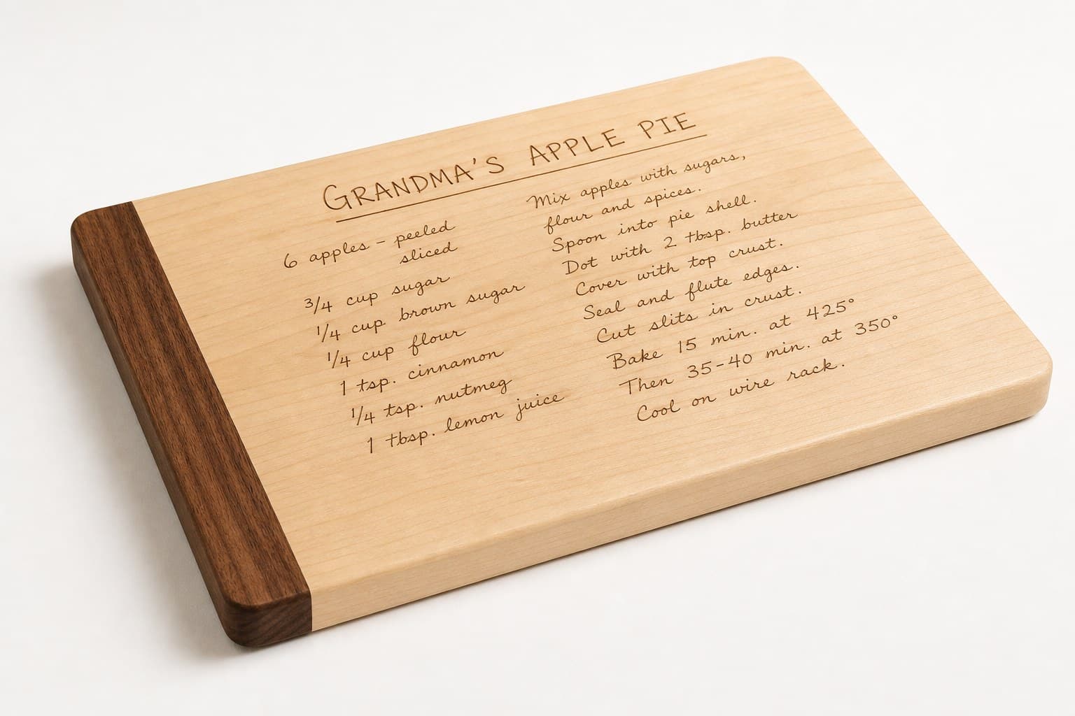 Low side angle showing the thickness and edge profile of Custom Handwritten Recipe Maple Board