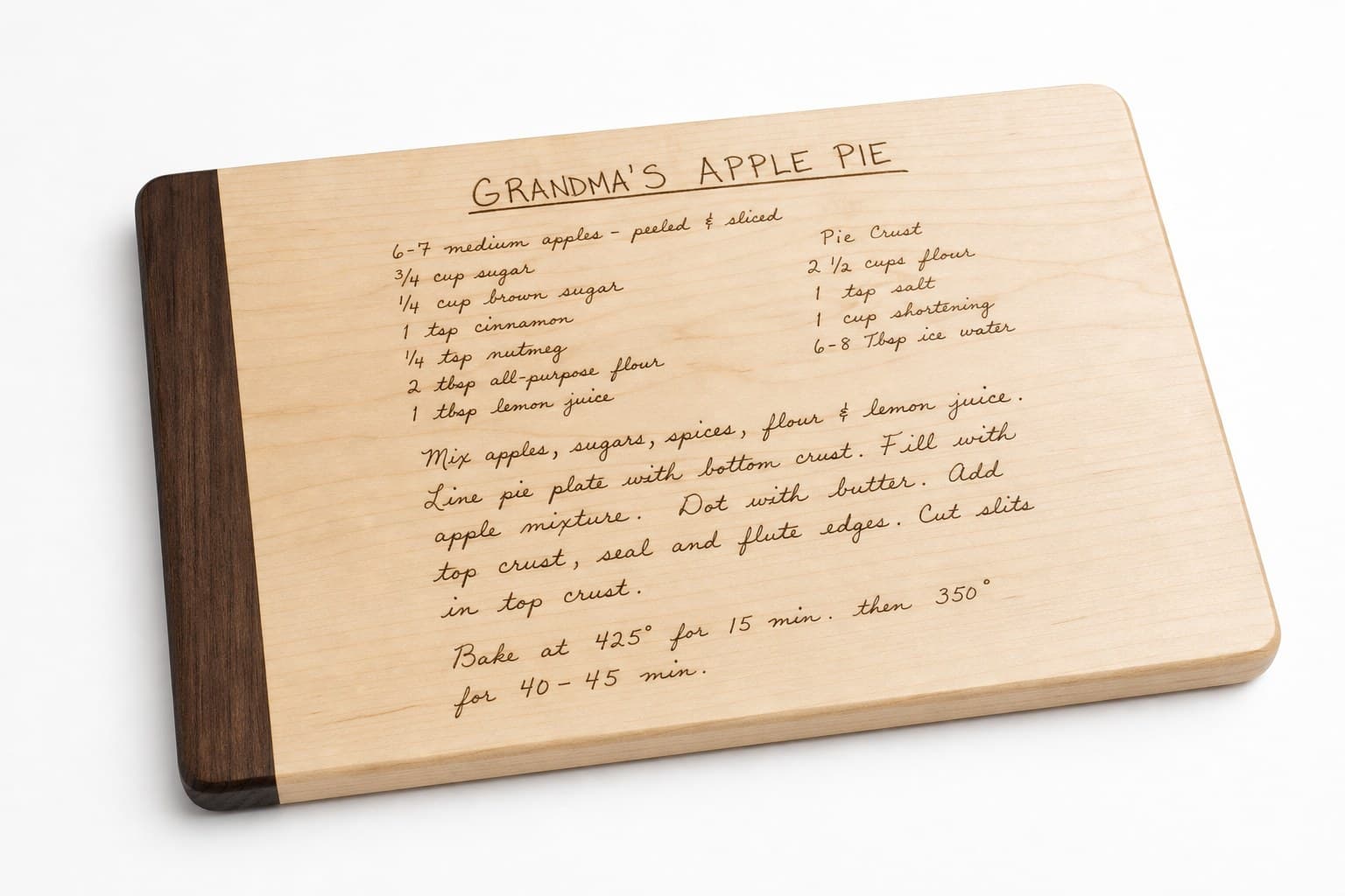 Hard maple cutting board with walnut accent strip and custom handwritten recipe engraving