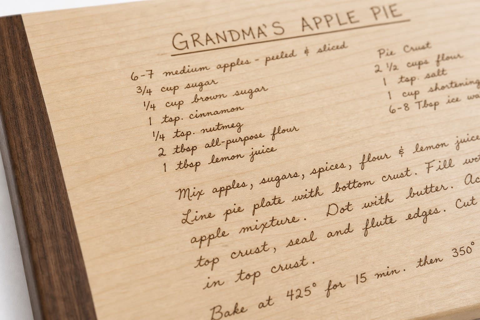 Close grain and material detail of Custom Handwritten Recipe Maple Board