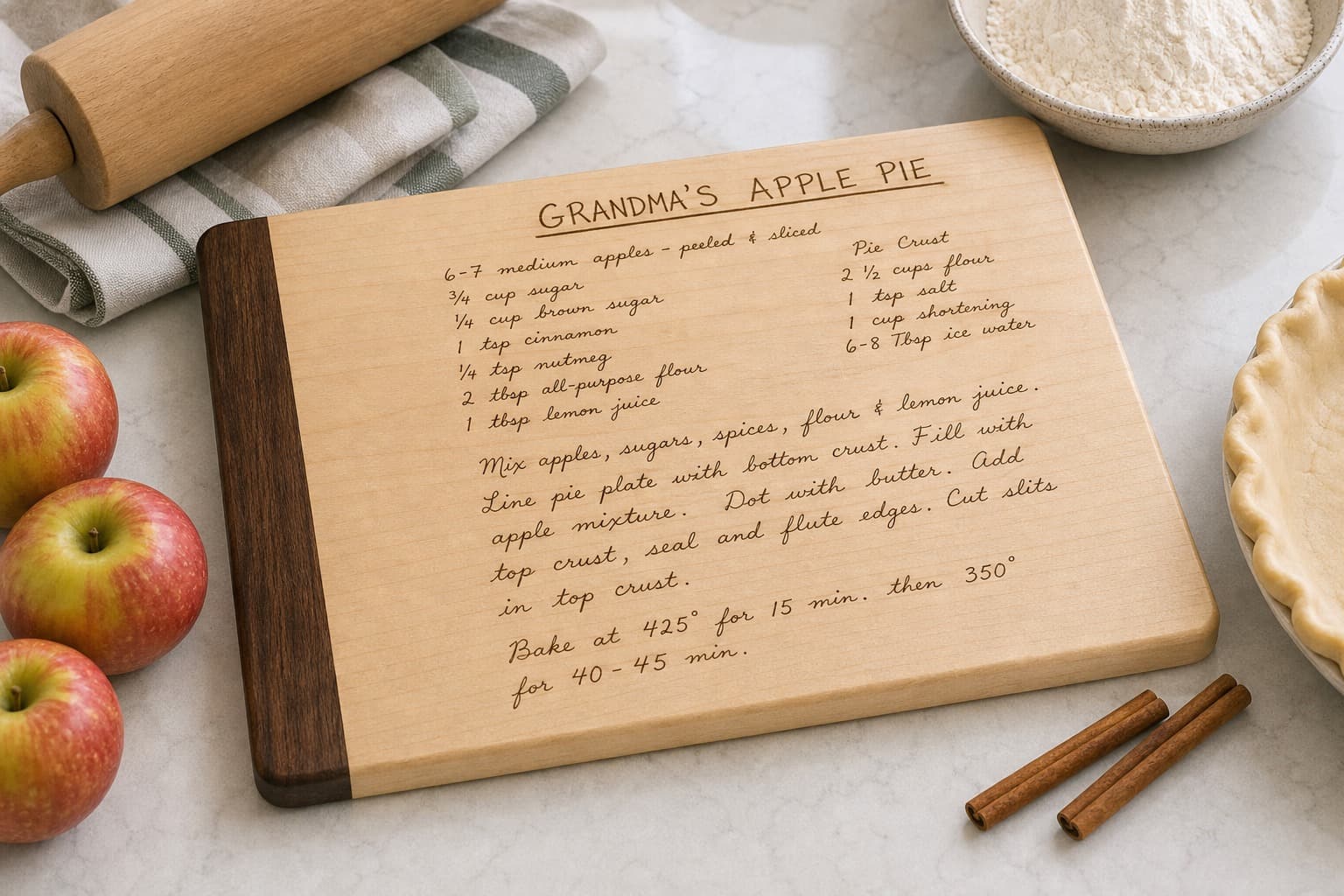 Custom Handwritten Recipe Maple Board being used in a realistic kitchen setting