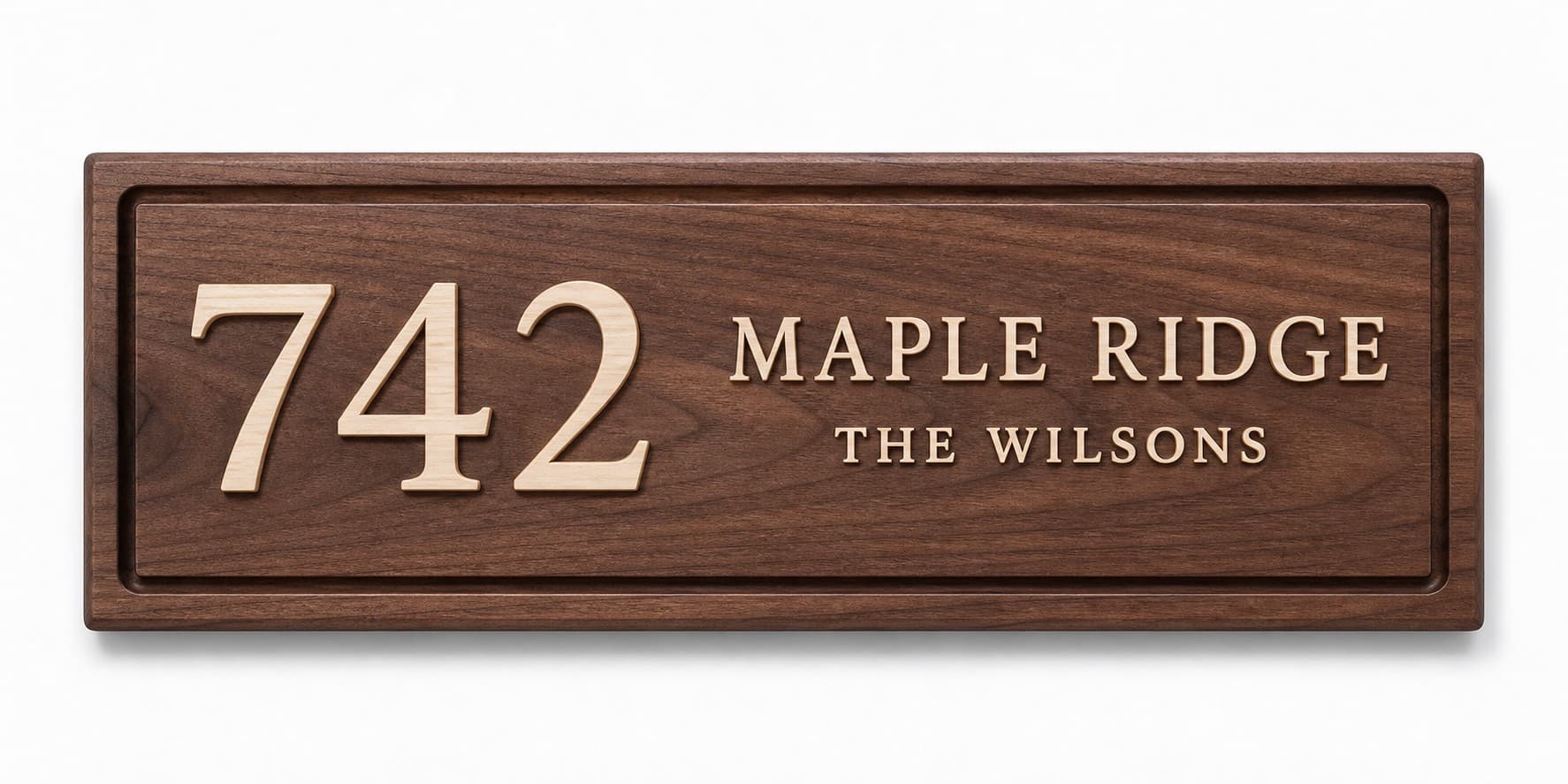 Walnut house number plaque with maple inlay numbers street name and family name