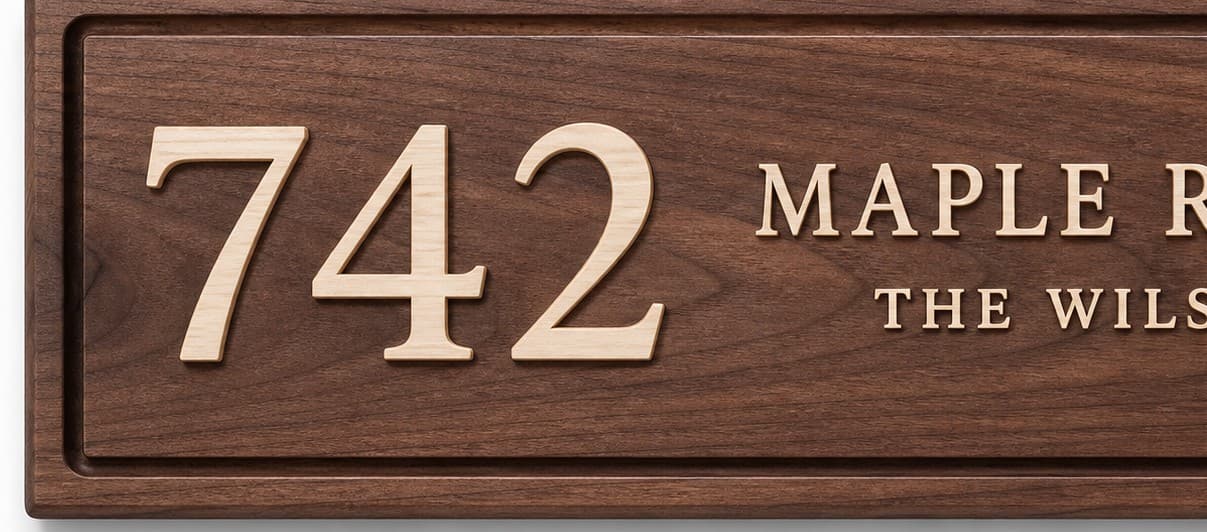 Close grain and material detail of Custom Walnut House Number Plaque