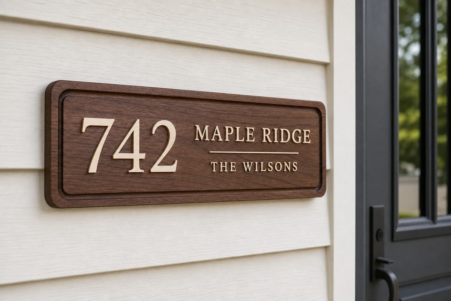 Custom Walnut House Number Plaque being used in a realistic kitchen setting