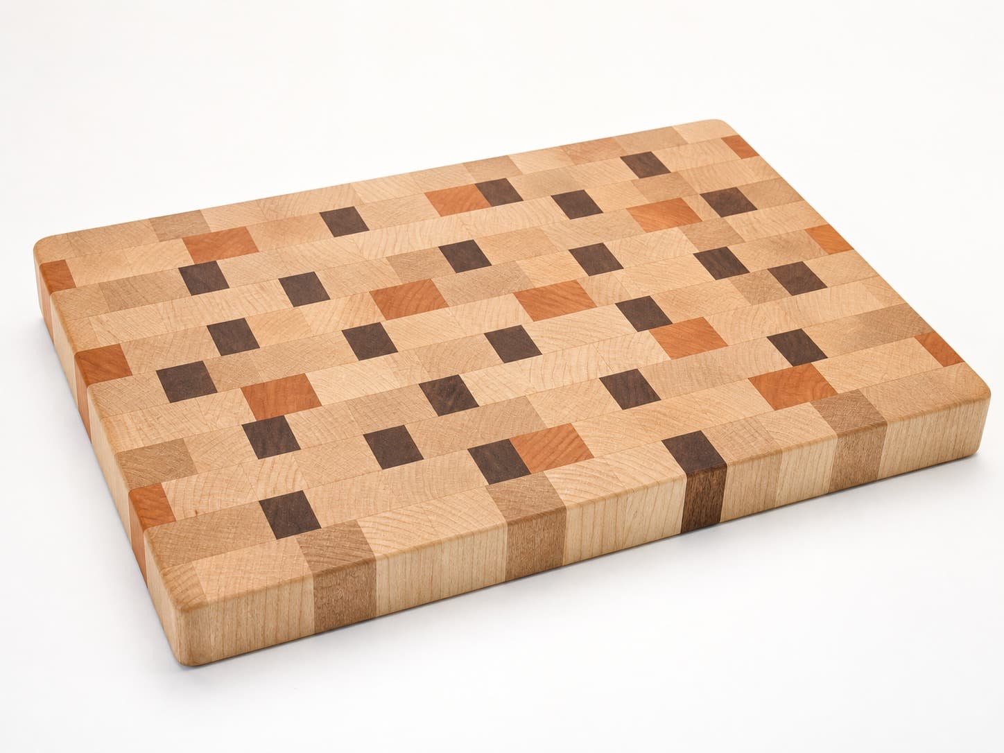 End grain chef block with maple, walnut, and cherry brick pattern