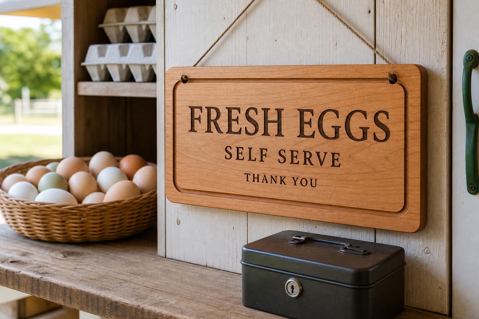 Custom Farmstand Market Vendor Sign being used in a realistic kitchen setting