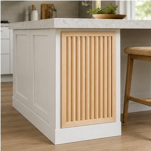 Fluted Kitchen Island End Panel Overlay being used in a realistic kitchen setting