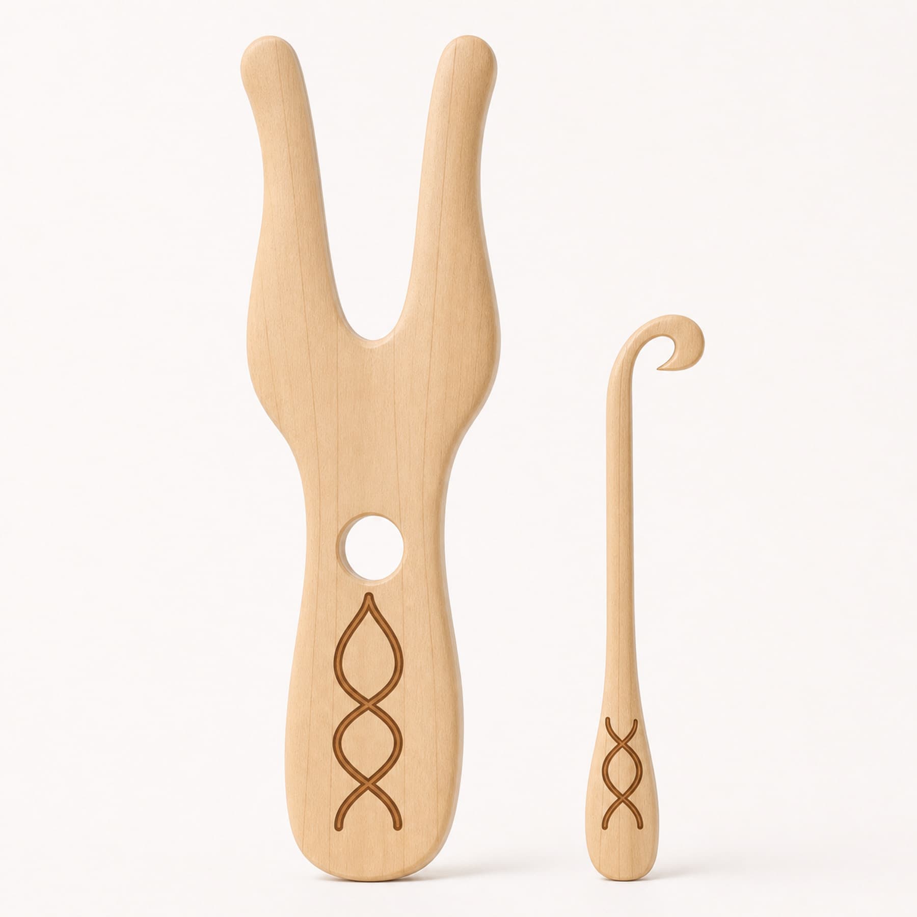 Hard maple Cordweave lucet fork with matching open-hook loop lifter