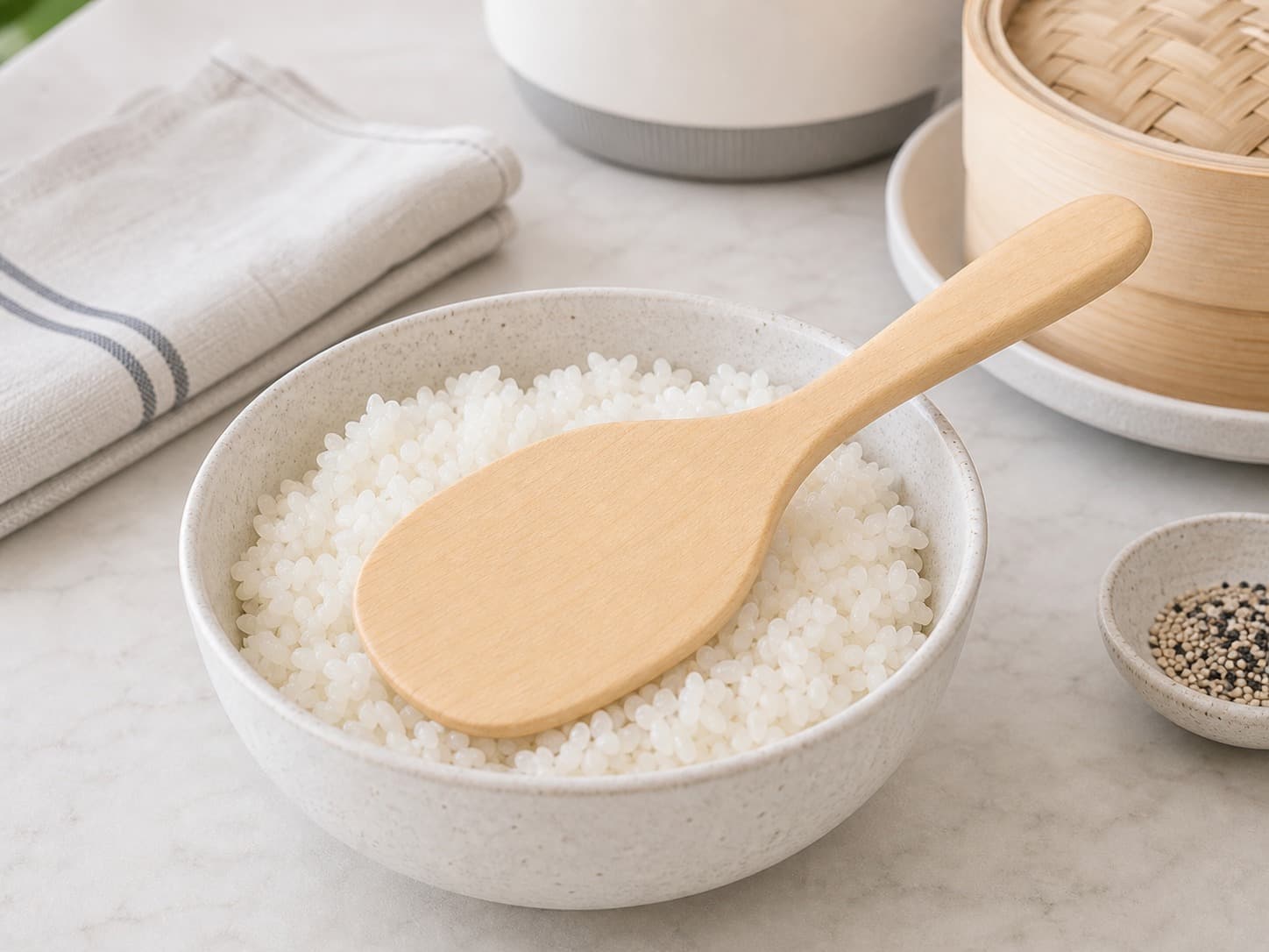 Rounded Maple Rice Paddle being used in a realistic kitchen setting