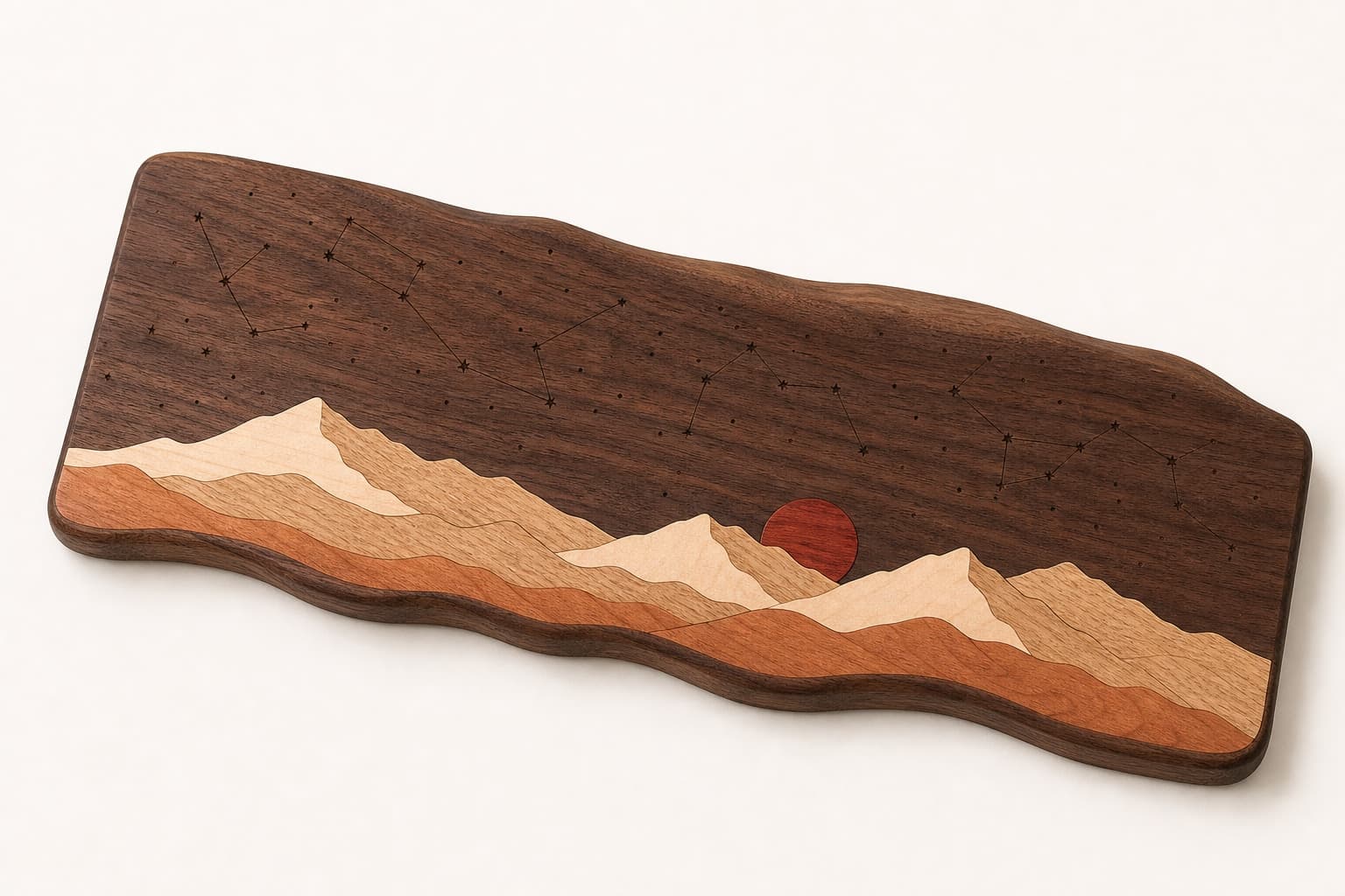 Mountain Constellation Walnut Serving Board photographed on a warm white product surface