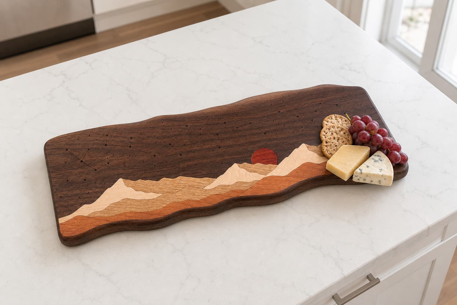 Mountain Constellation Walnut Serving Board set with a small cheese service on a bright kitchen island
