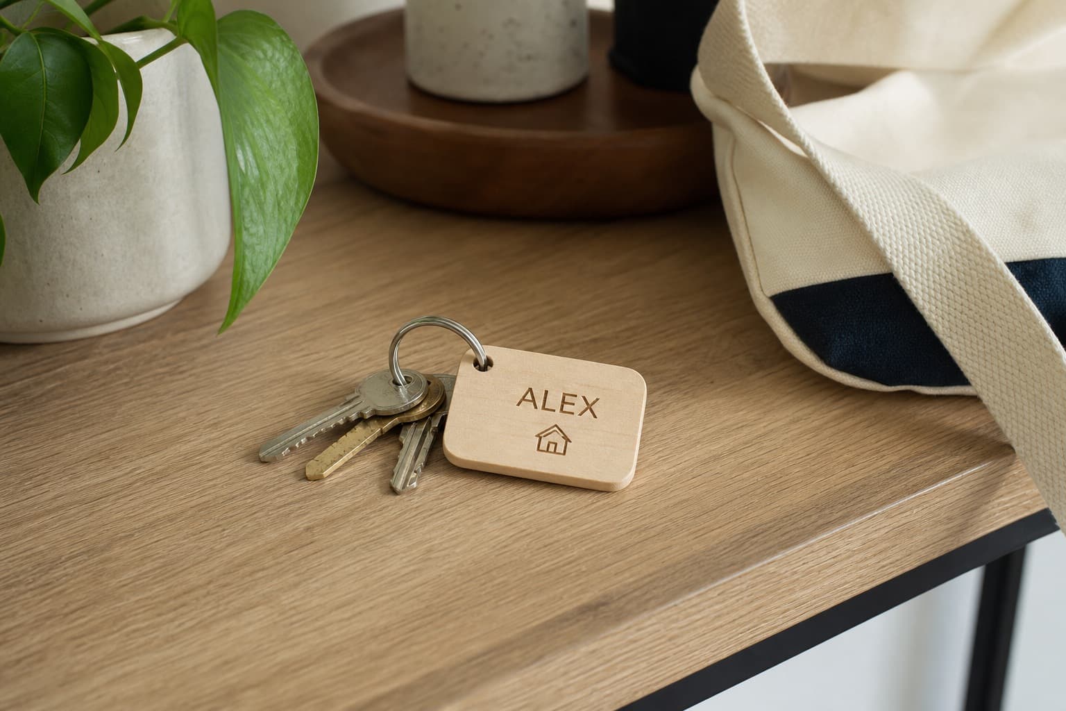 Personalized maple keychain attached to a house key set on an entry table