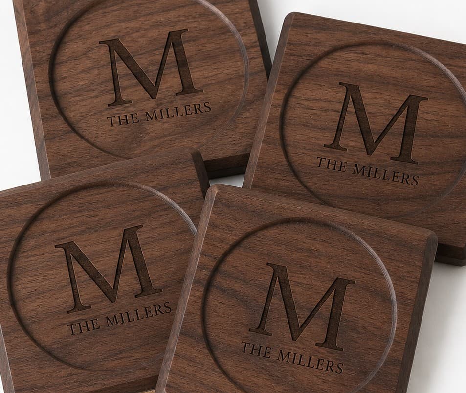 Close grain and material detail of Personalized Walnut Coaster Set