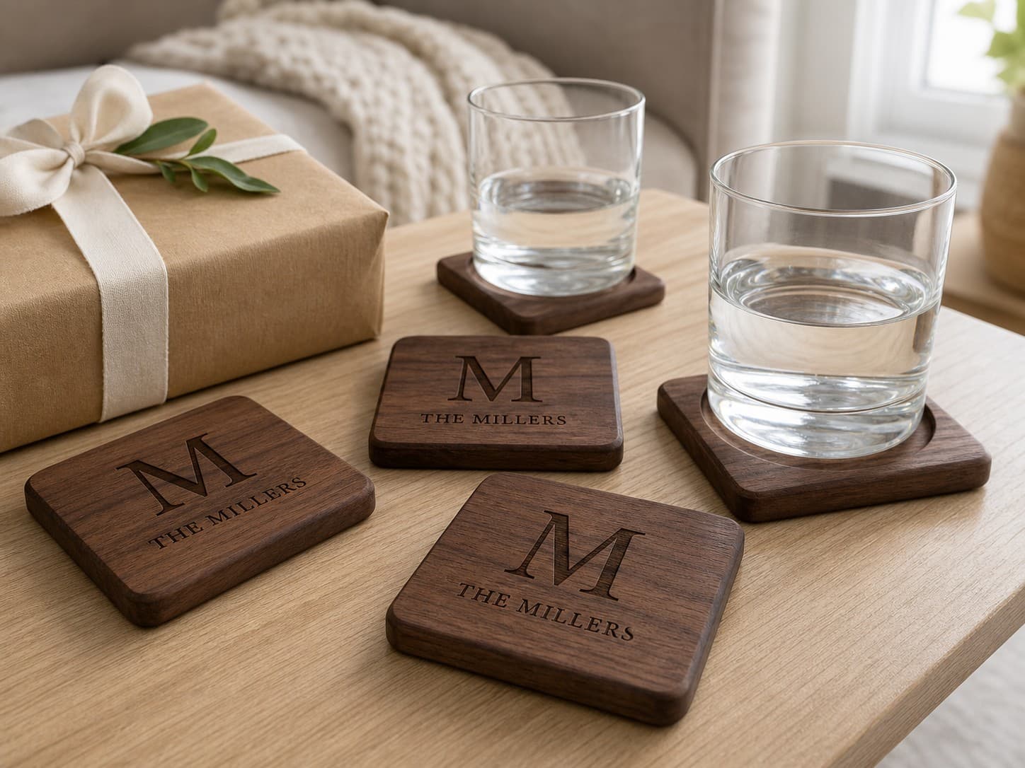 Personalized Walnut Coaster Set being used in a realistic kitchen setting