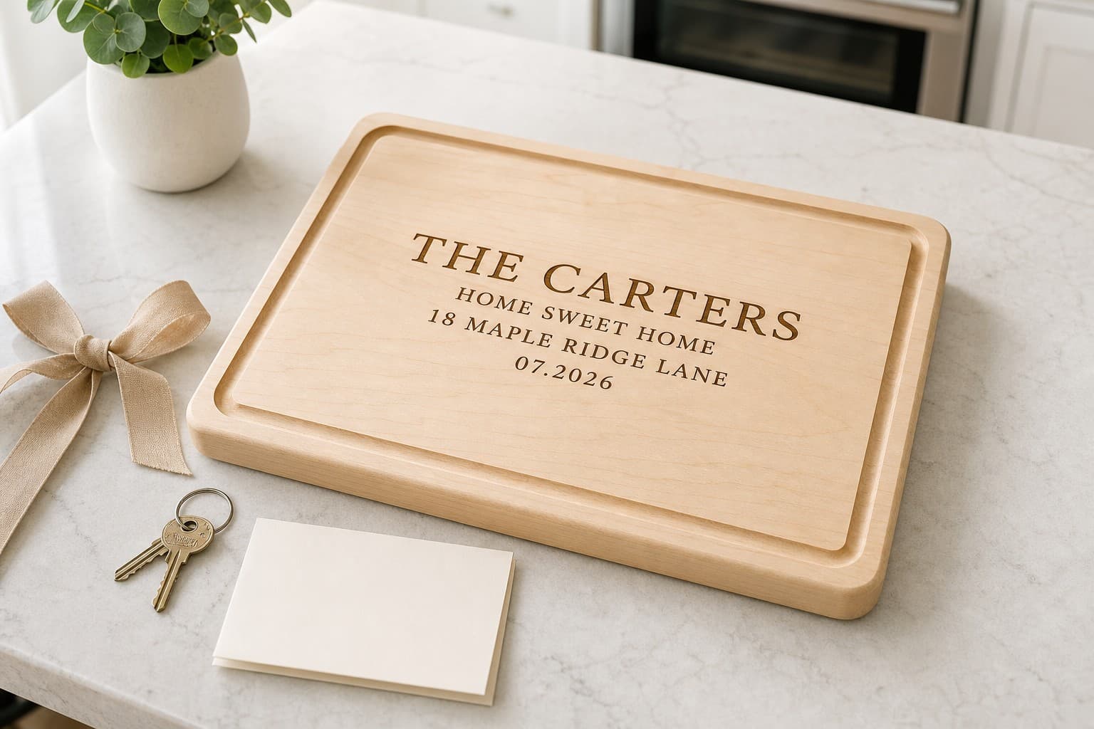 Realtor Closing Gift Maple Board being used in a realistic kitchen setting