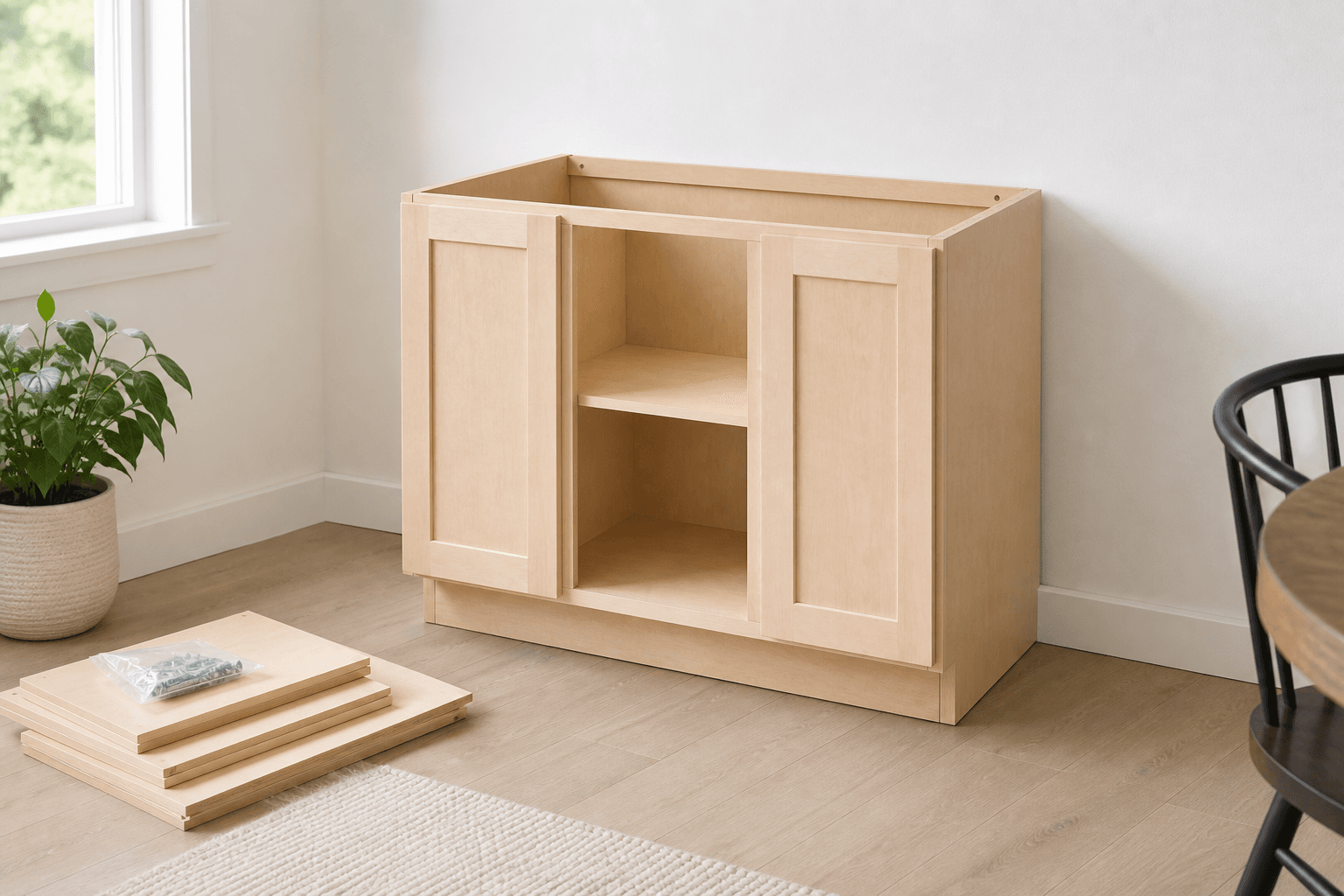 RTA Maple Plywood Coffee Bar Cabinet 36 x 18 shown assembled in a realistic renovation space