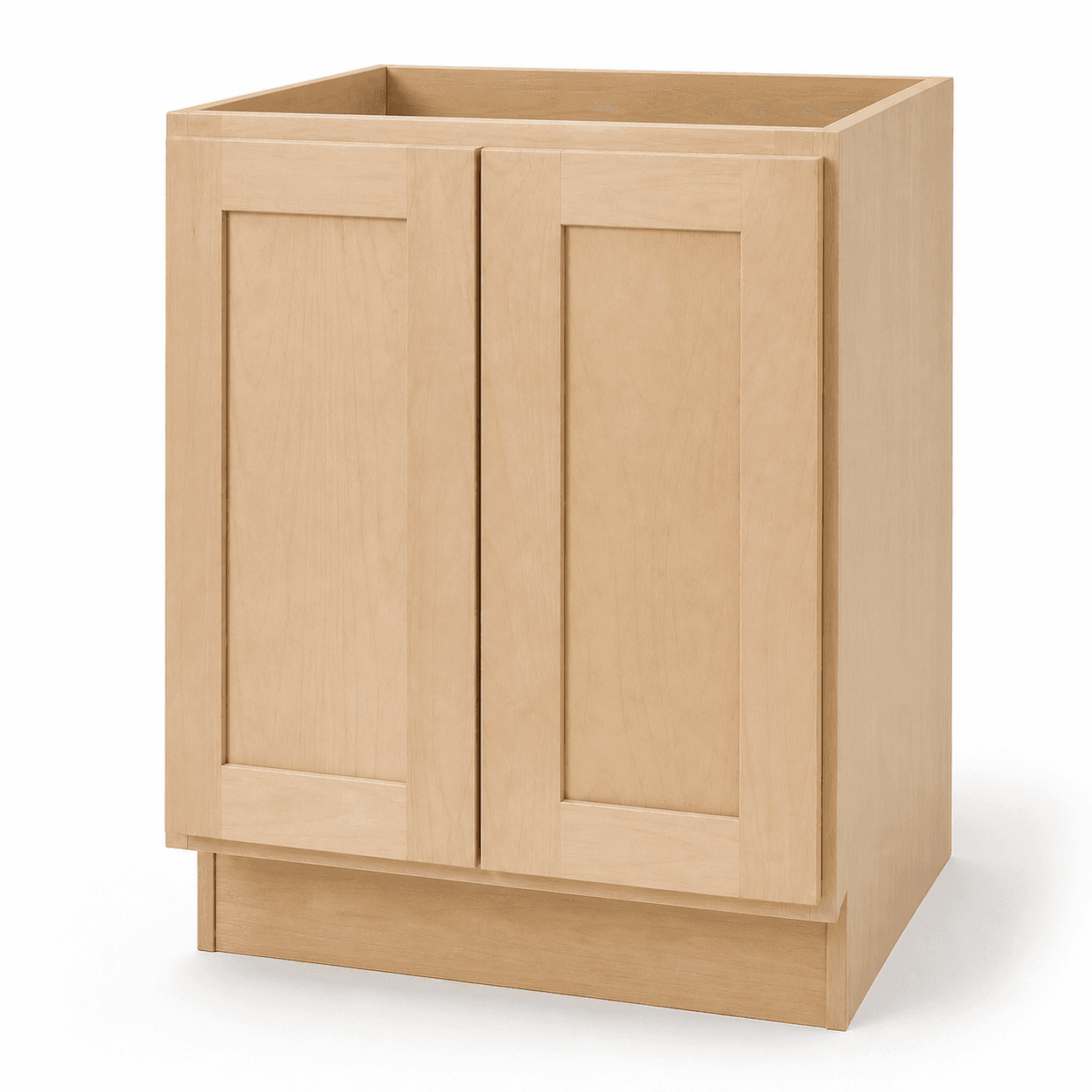 One unfinished maple plywood ready-to-assemble base cabinet with a hard maple face frame and two shaker doors