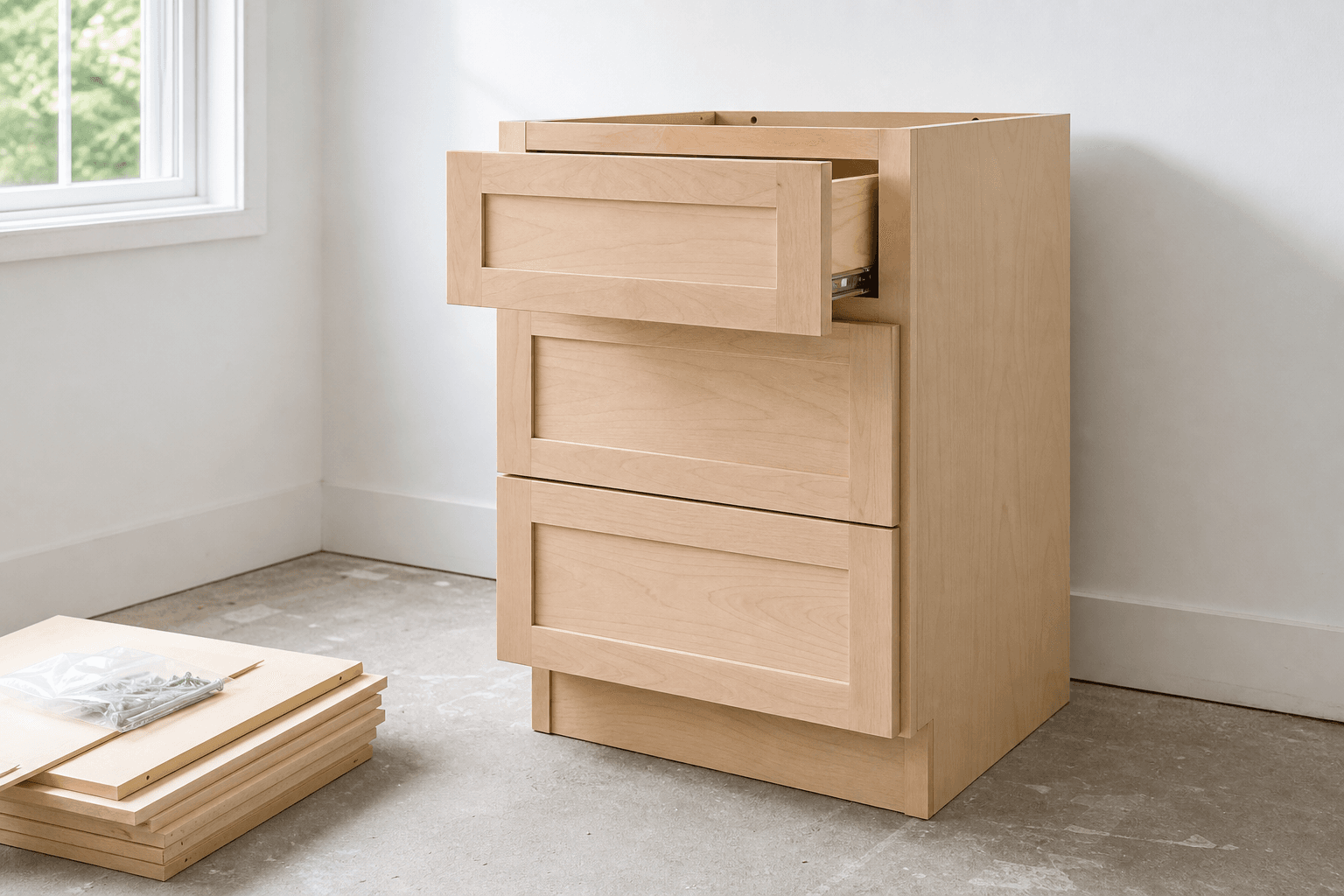RTA Maple Plywood Drawer Base Cabinet 18 x 24 shown assembled in a realistic renovation space