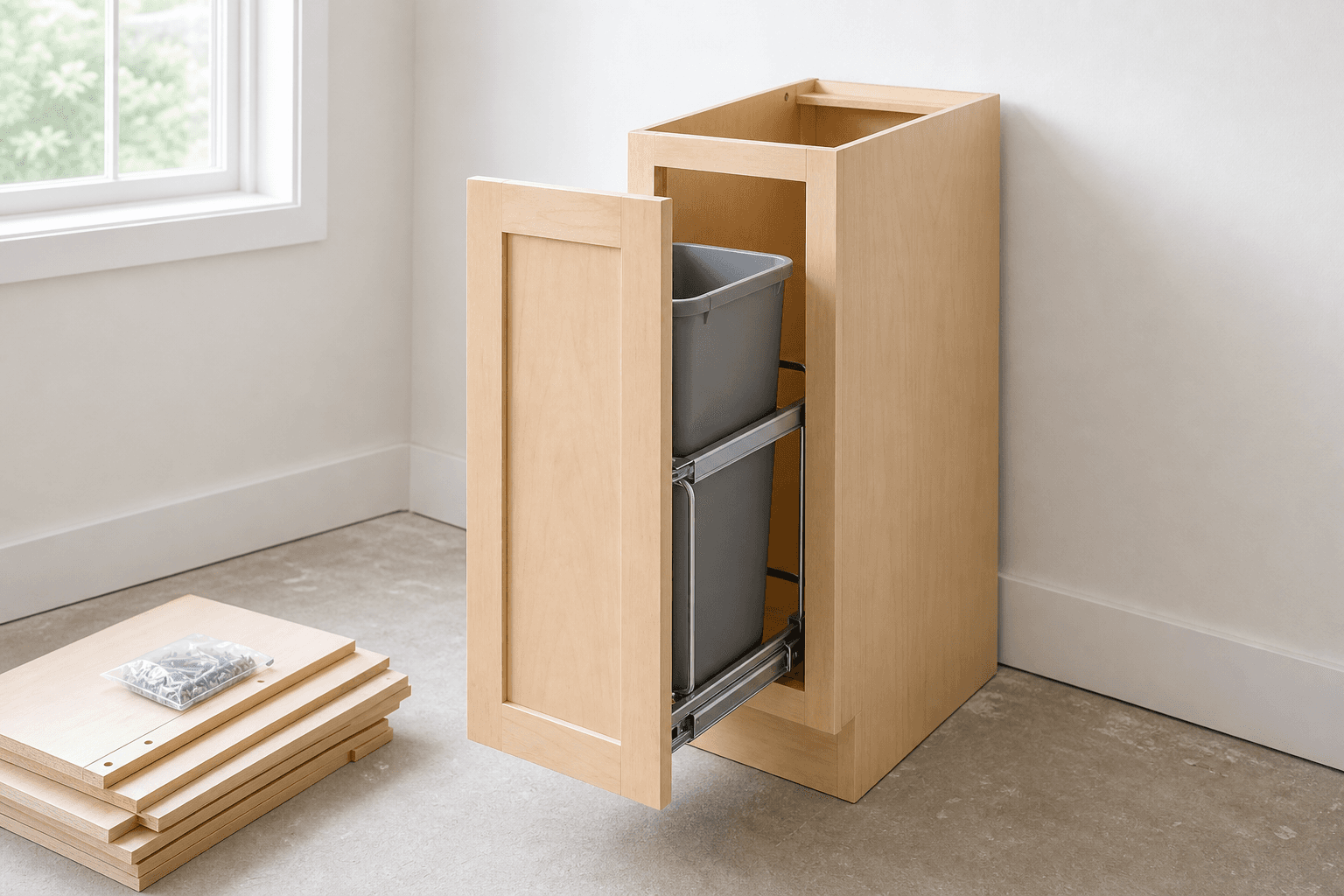 RTA Trash Pull-Out Base Cabinet 15 x 24 shown assembled in a realistic renovation space