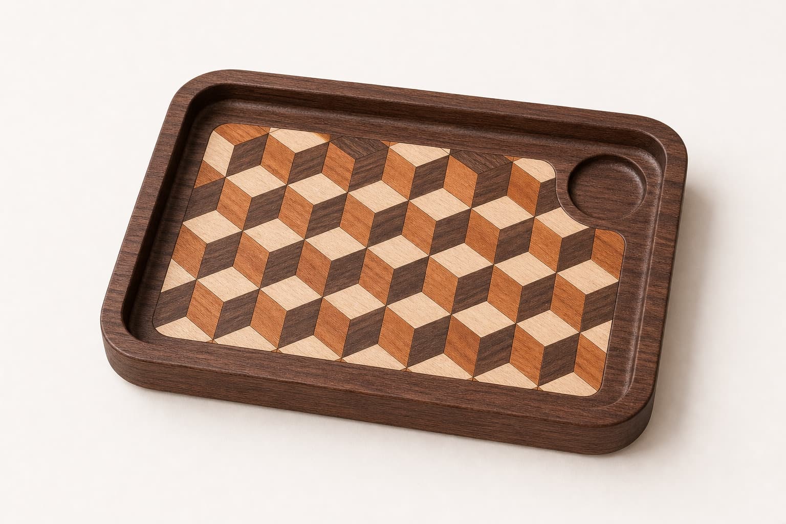 Tumbling Cube Walnut Valet Tray photographed on a warm white product surface