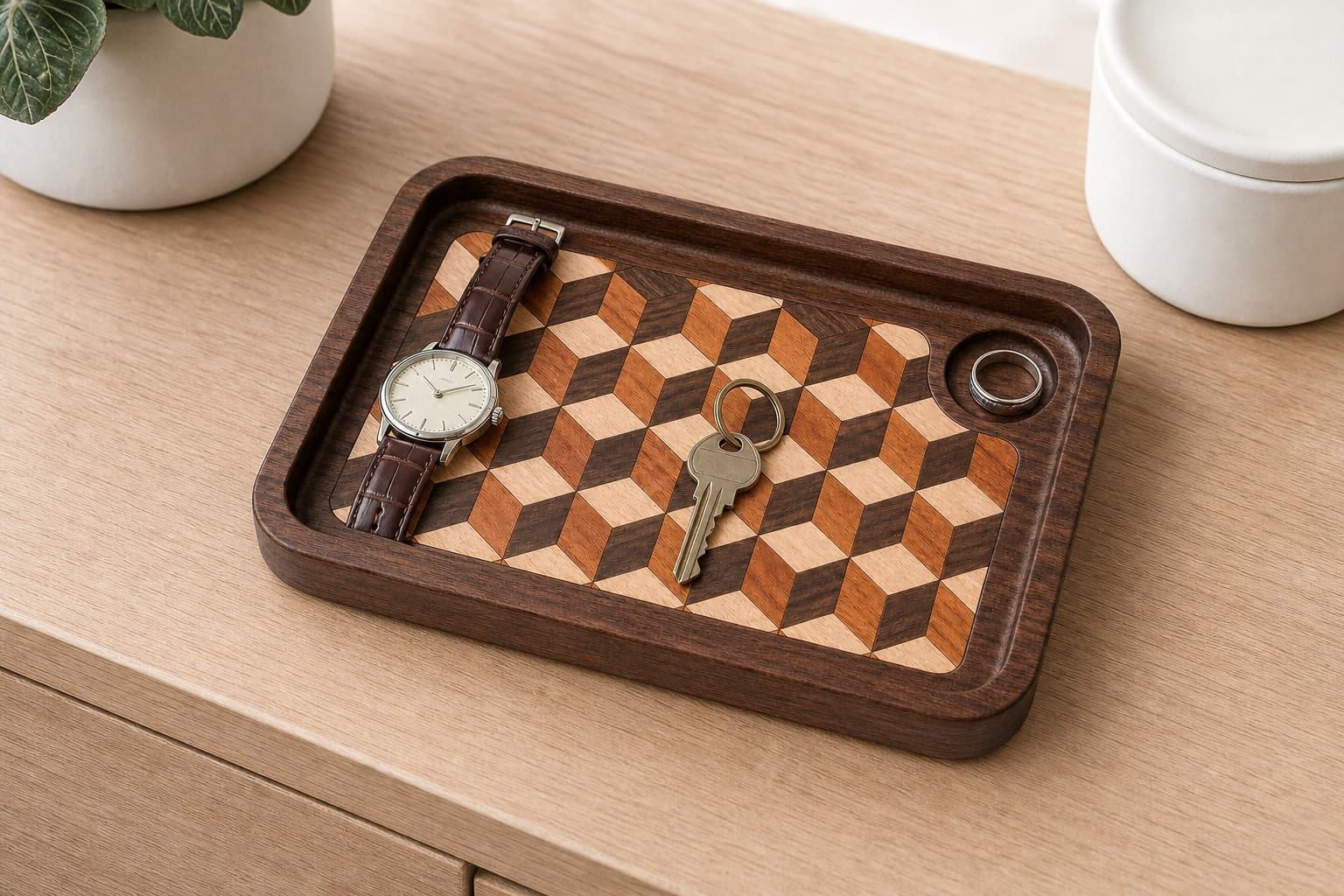 Tumbling Cube Walnut Valet Tray holding a watch, keys, and ring on a dresser