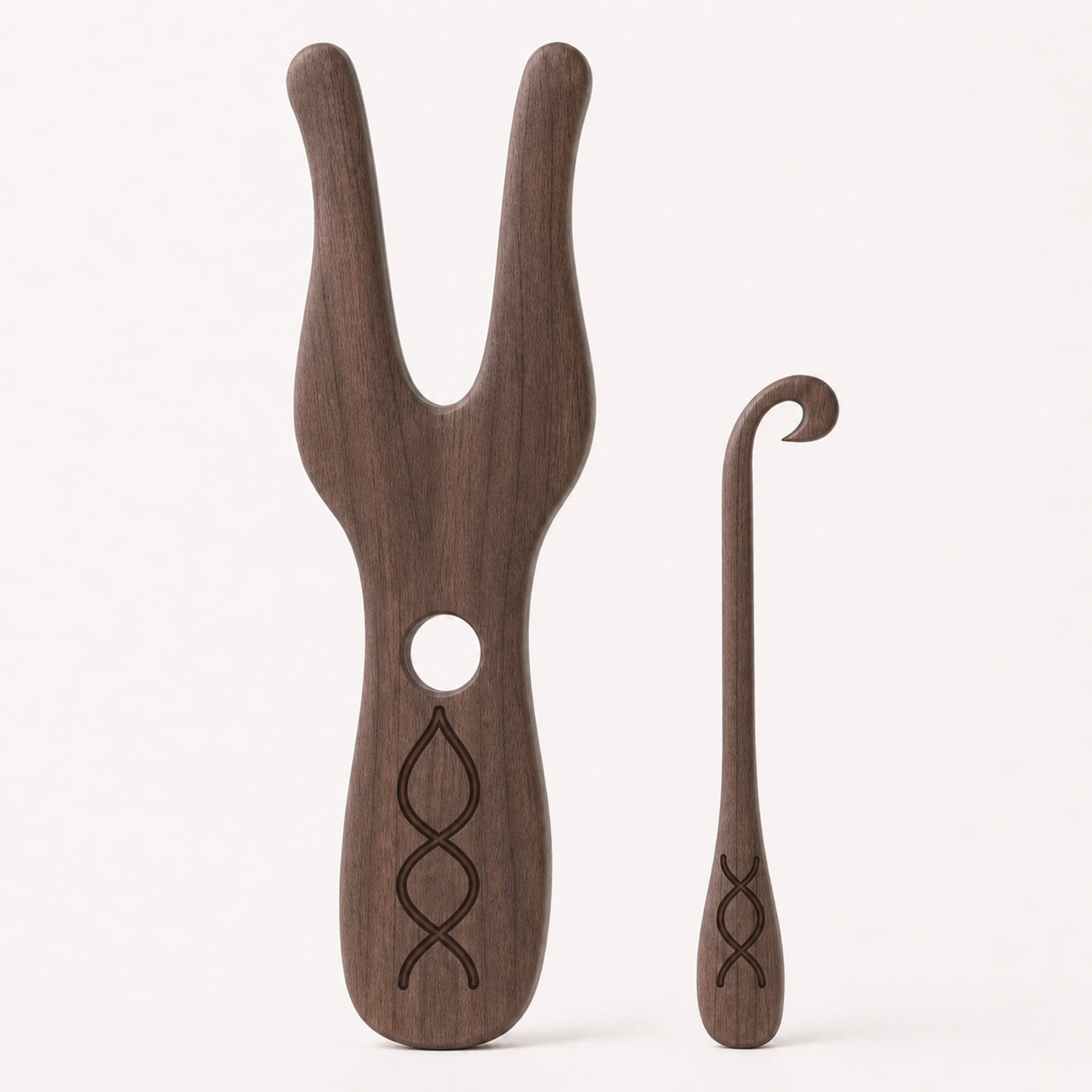 Black walnut Cordweave lucet fork with matching open-hook loop lifter