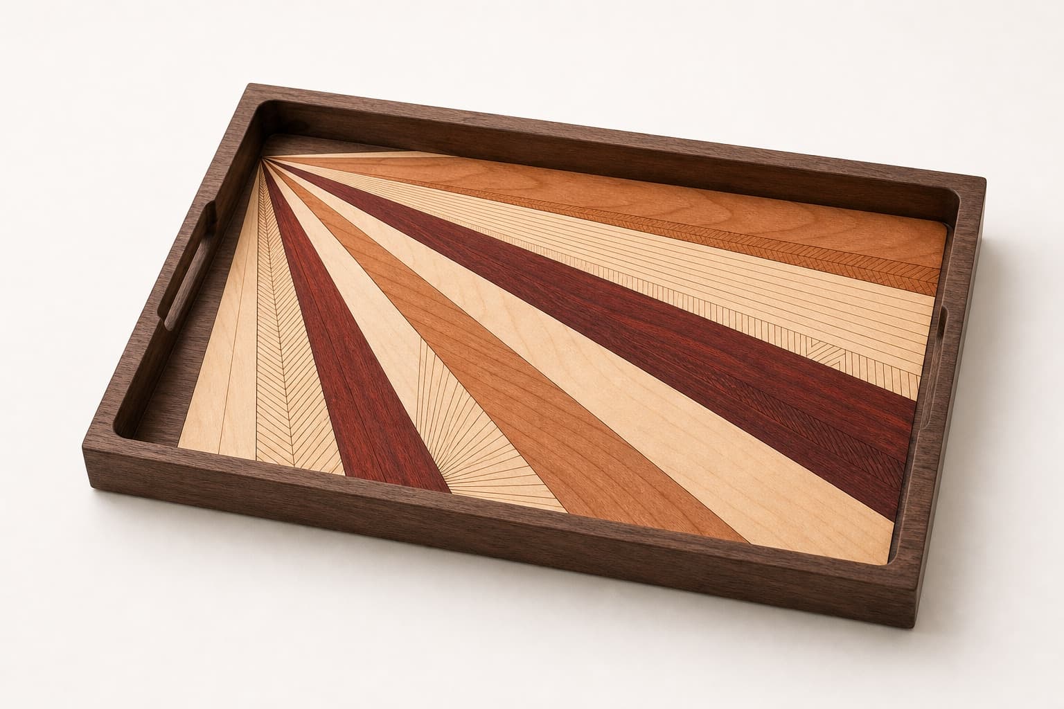 Art Deco Walnut Bar Tray photographed on a warm white product surface