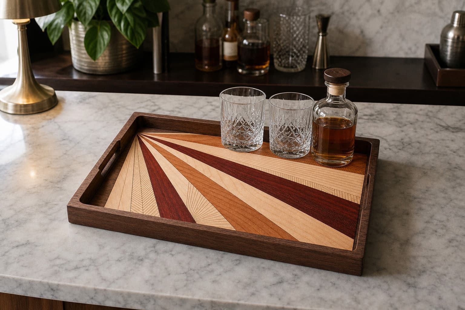 Art Deco Walnut Bar Tray holding two glasses and a bottle on a home bar counter