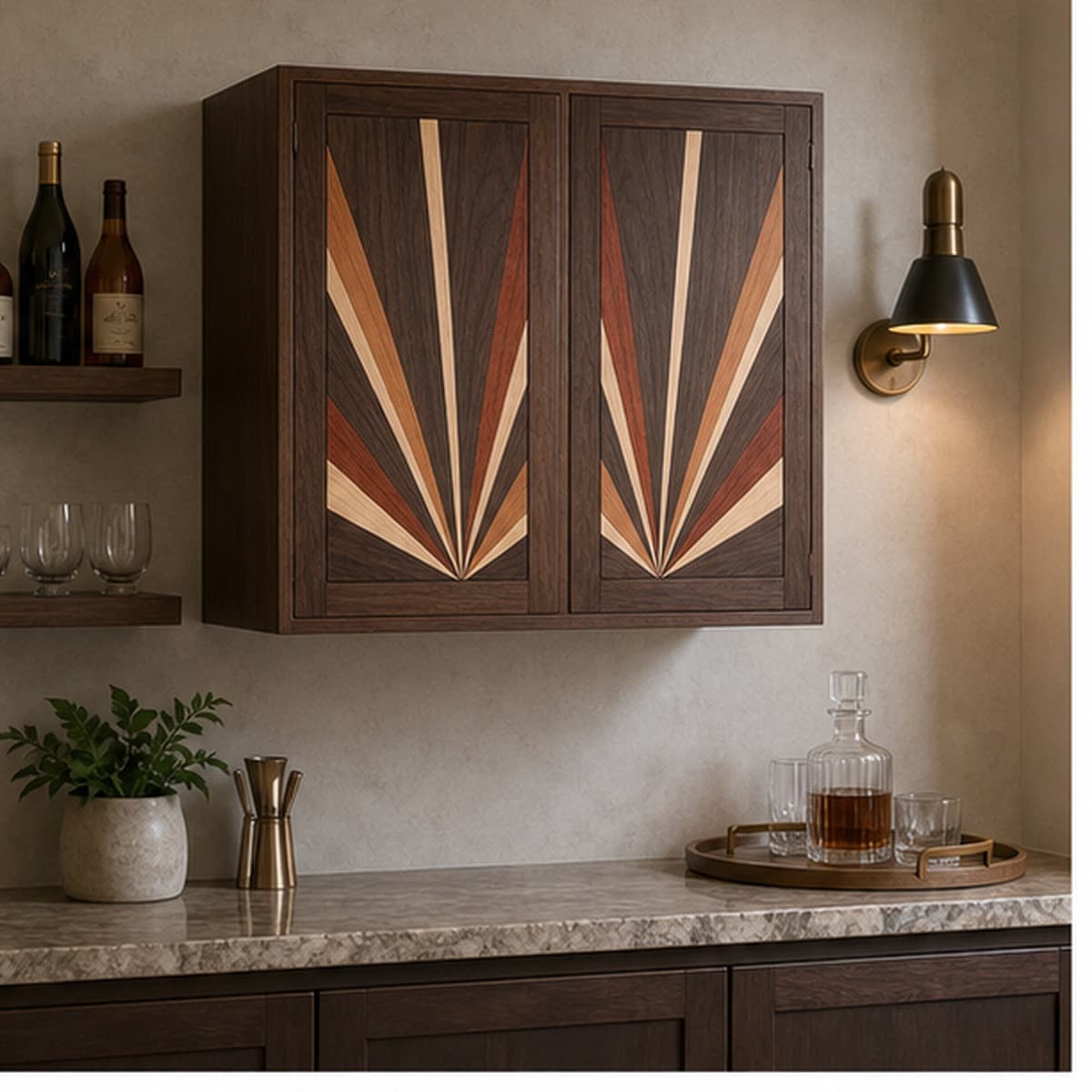 Art Deco Walnut Cabinet Door Pair shown installed or in use in a realistic room
