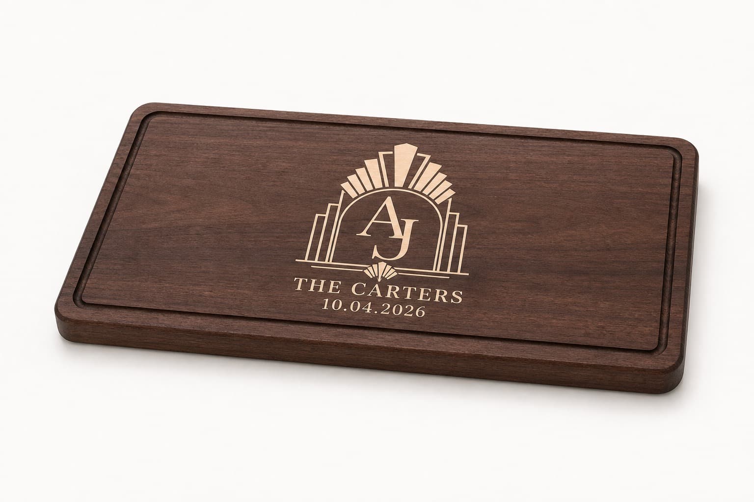 Low side angle showing the thickness and edge profile of Art Deco Wedding Crest Walnut Board