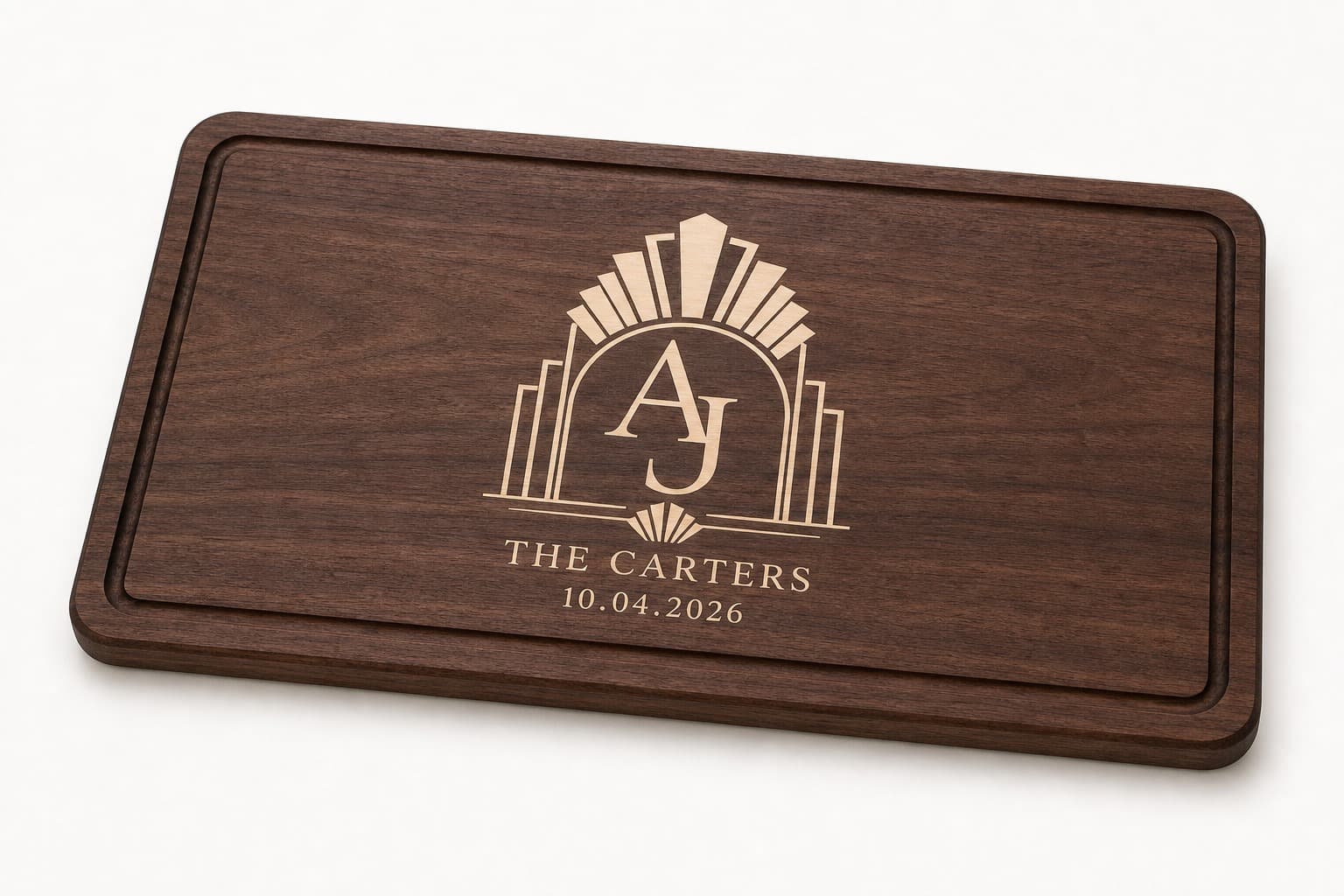 Art Deco Wedding Crest Walnut Board photographed on a warm white product surface