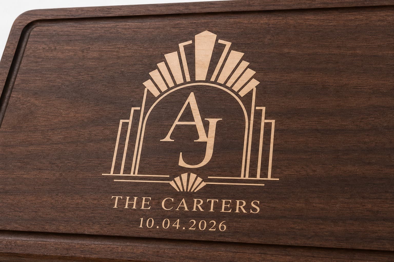 Close grain and material detail of Art Deco Wedding Crest Walnut Board