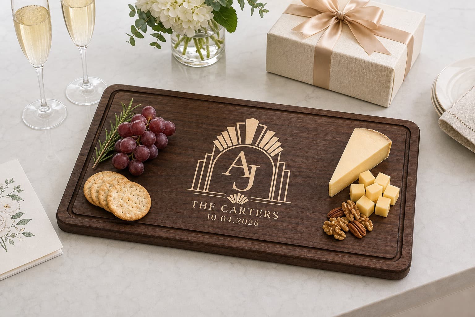 Art Deco Wedding Crest Walnut Board being used in a realistic kitchen setting