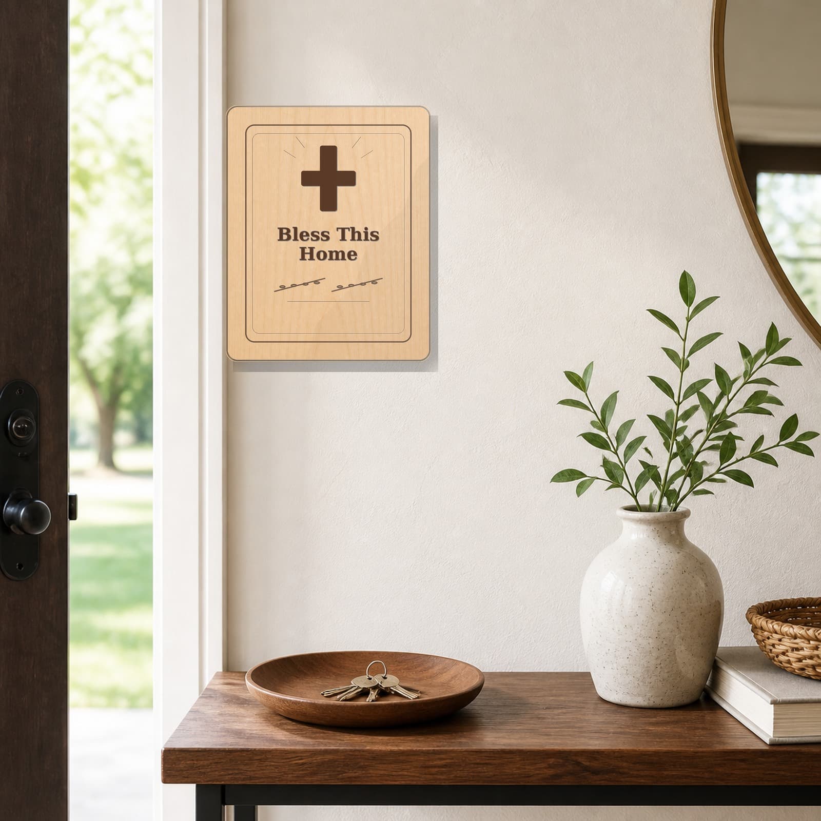 Bless This Home maple plaque hanging in a bright home entryway