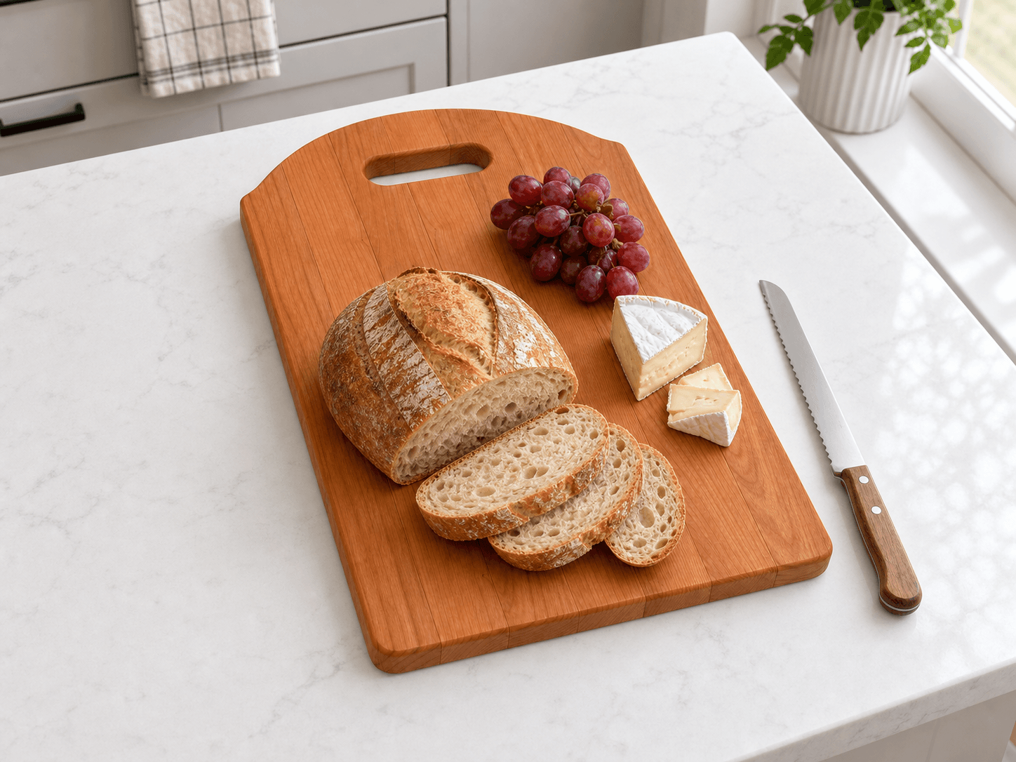 Cherry handle board serving sliced bread, cheese, and grapes