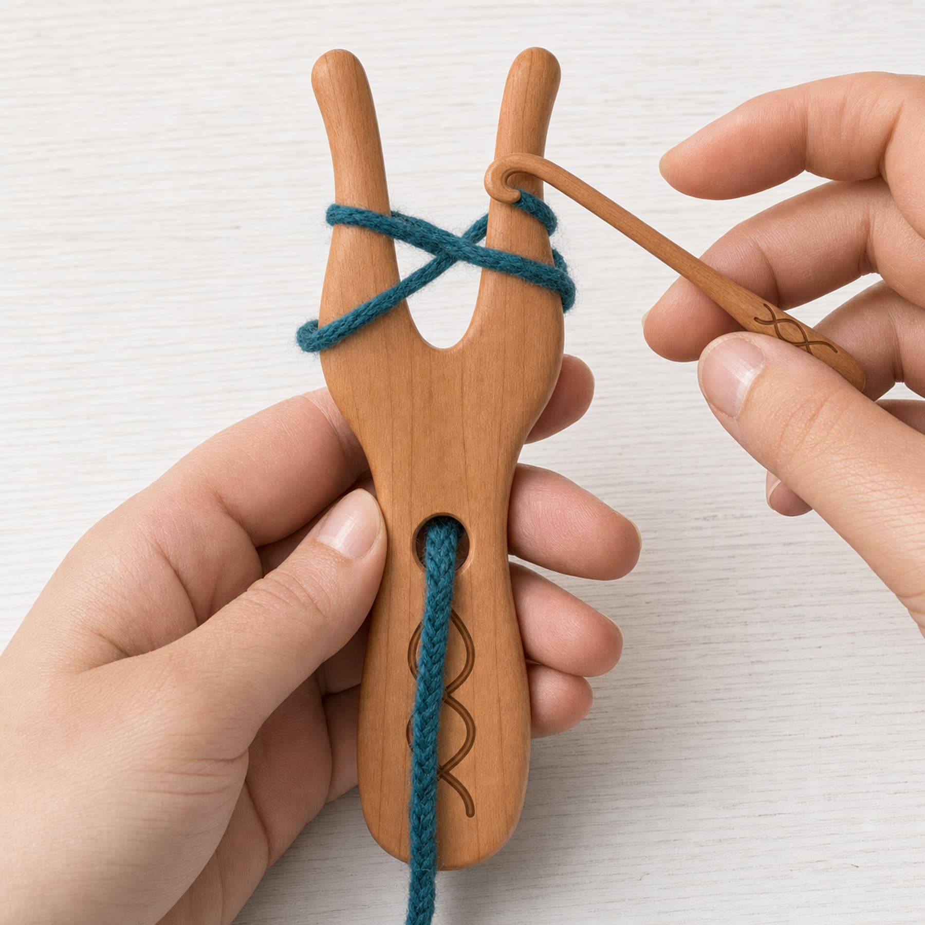 Cherry Cordweave lucet set making teal cord with the included loop lifter
