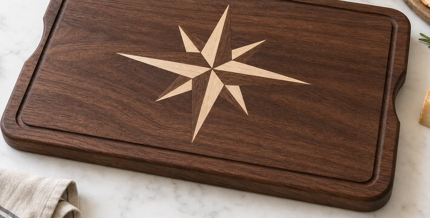 Low side angle showing the thickness and edge profile of Compass Rose Inlay Serving Board