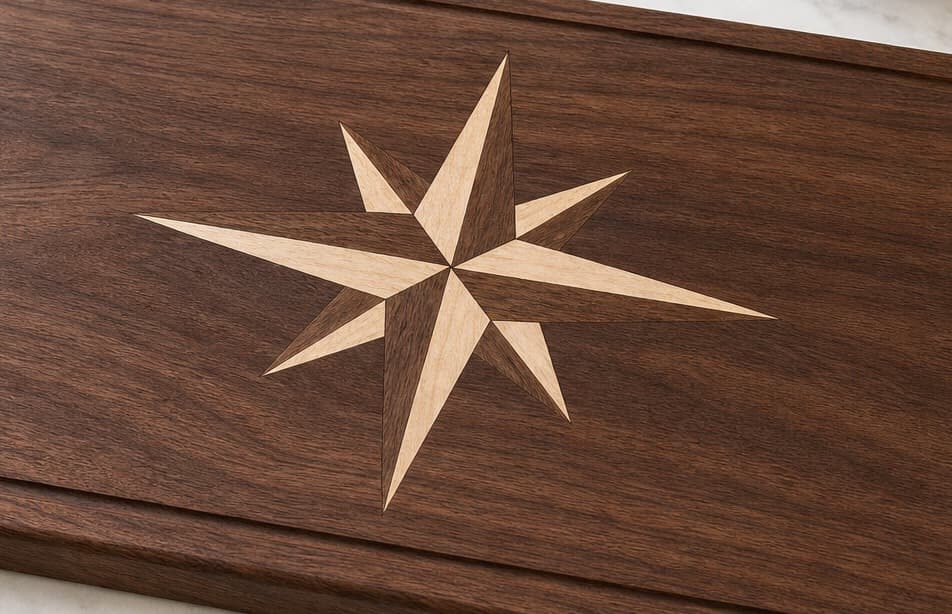 Close grain and material detail of Compass Rose Inlay Serving Board