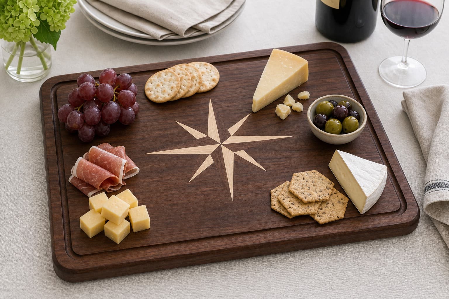 Compass Rose Inlay Serving Board being used in a realistic kitchen setting