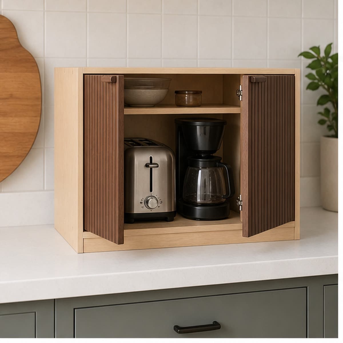Fluted Walnut Appliance Garage Cabinet shown installed or in use in a realistic room